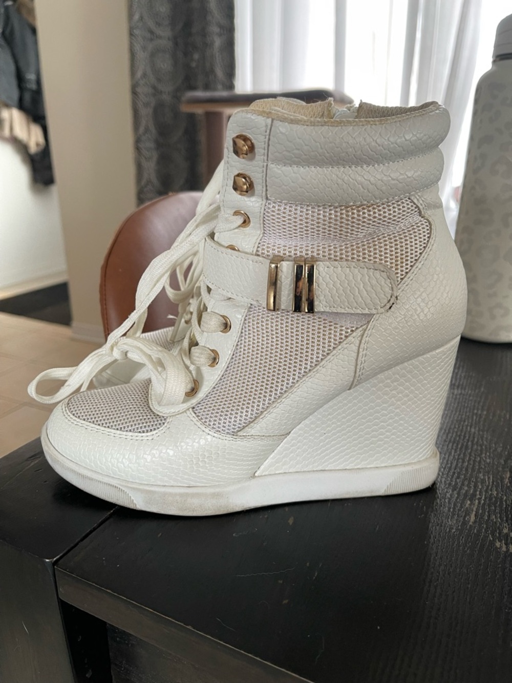 JustFab White Mesh Lace-Up Wedge Sneakers with Gold Hardware